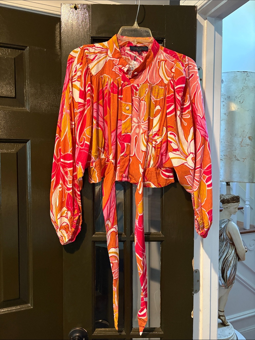 RACHEL Rachel Roy Pink & Orange Printed Tie-Front Button Down Top